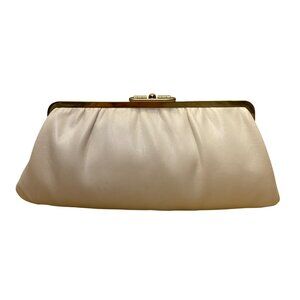 Vintage Women's White Leather With Gold Trim Pleated Design Evening Clutch Bag